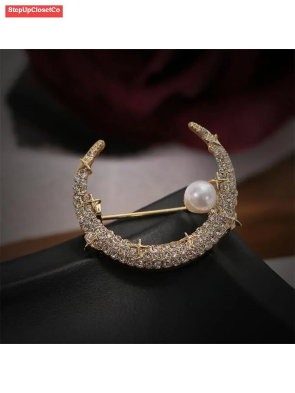 Crescent Moon Brooch Pin with Rhinestone Crystal & Freshwater Pearl for Women